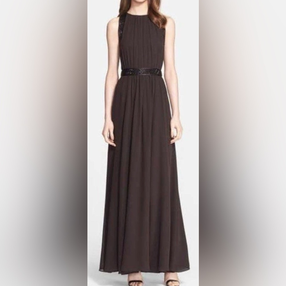 St. John Embellished Brown Silk Georgette Evening Gown Size 12